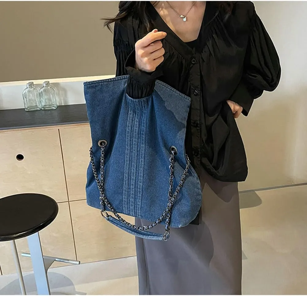 Denim Shoulder Purses for Women Jean Crossbody Bags Denim Tote Handbag with Chain Strap Y2k Denim Crescent Hobo Bags 2025