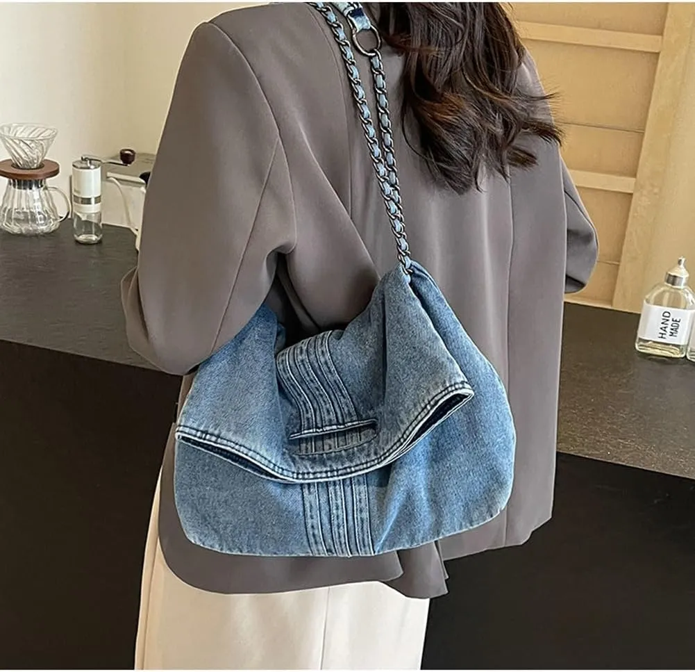 Denim Shoulder Purses for Women Jean Crossbody Bags Denim Tote Handbag with Chain Strap Y2k Denim Crescent Hobo Bags 2025