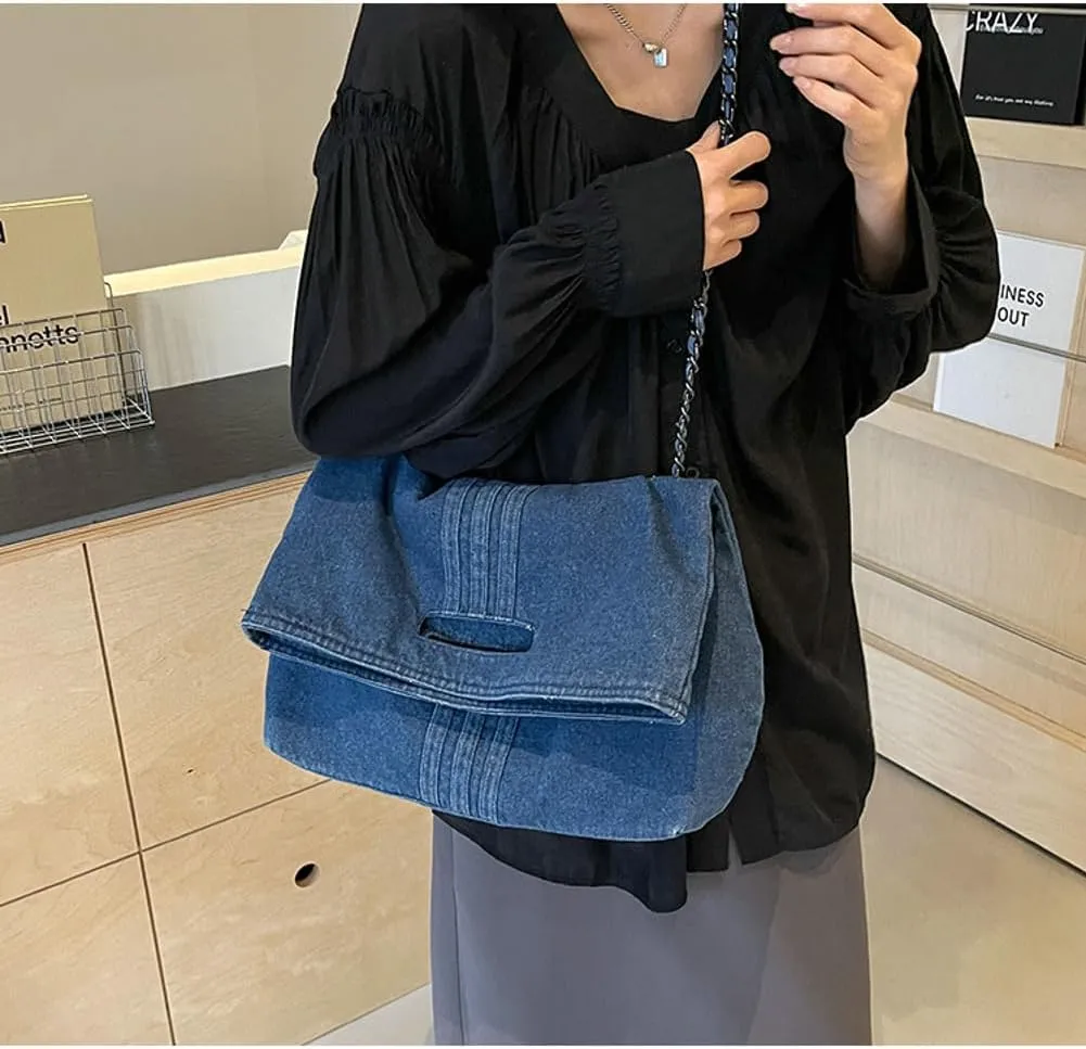 Denim Shoulder Purses for Women Jean Crossbody Bags Denim Tote Handbag with Chain Strap Y2k Denim Crescent Hobo Bags 2025