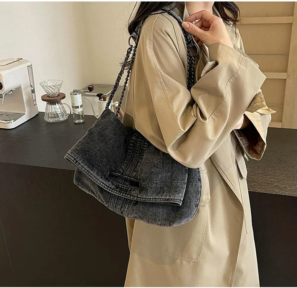 Denim Shoulder Purses for Women Jean Crossbody Bags Denim Tote Handbag with Chain Strap Y2k Denim Crescent Hobo Bags 2025