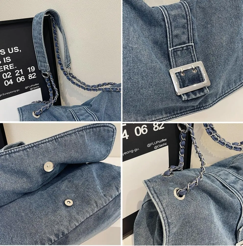 Denim Shoulder Purses for Women Jean Crossbody Bags Denim Tote Handbag with Chain Strap Y2k Denim Crescent Hobo Bags 2025