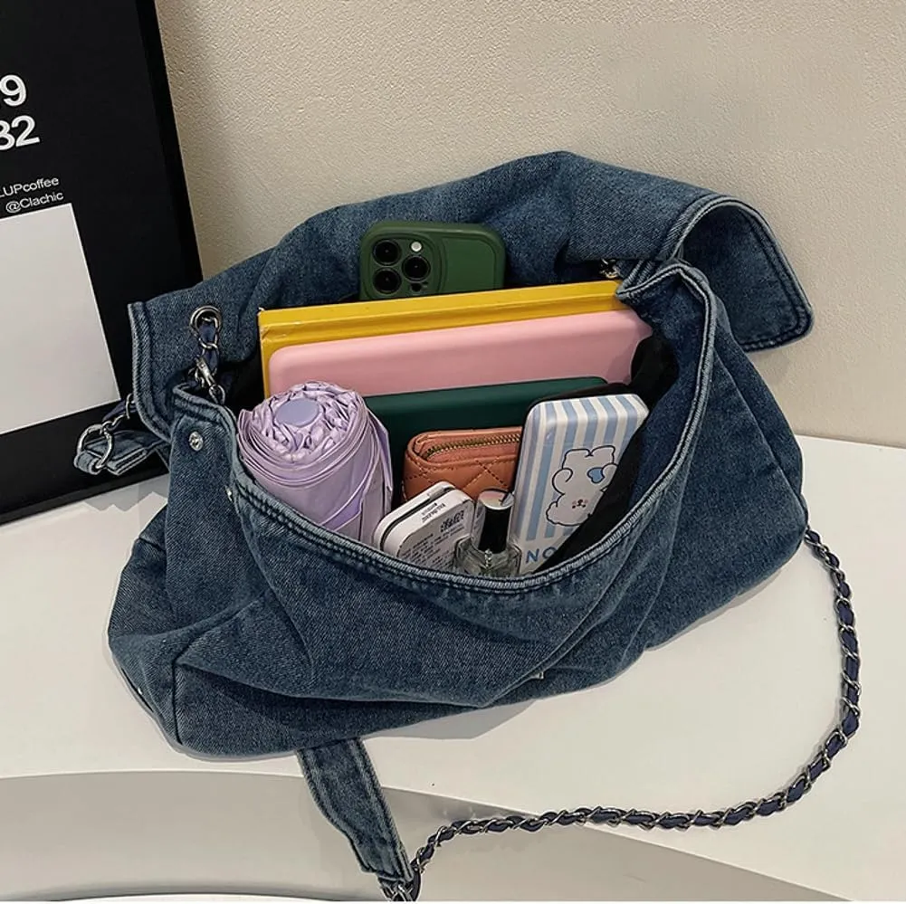 Denim Shoulder Purses for Women Jean Crossbody Bags Denim Tote Handbag with Chain Strap Y2k Denim Crescent Hobo Bags 2025