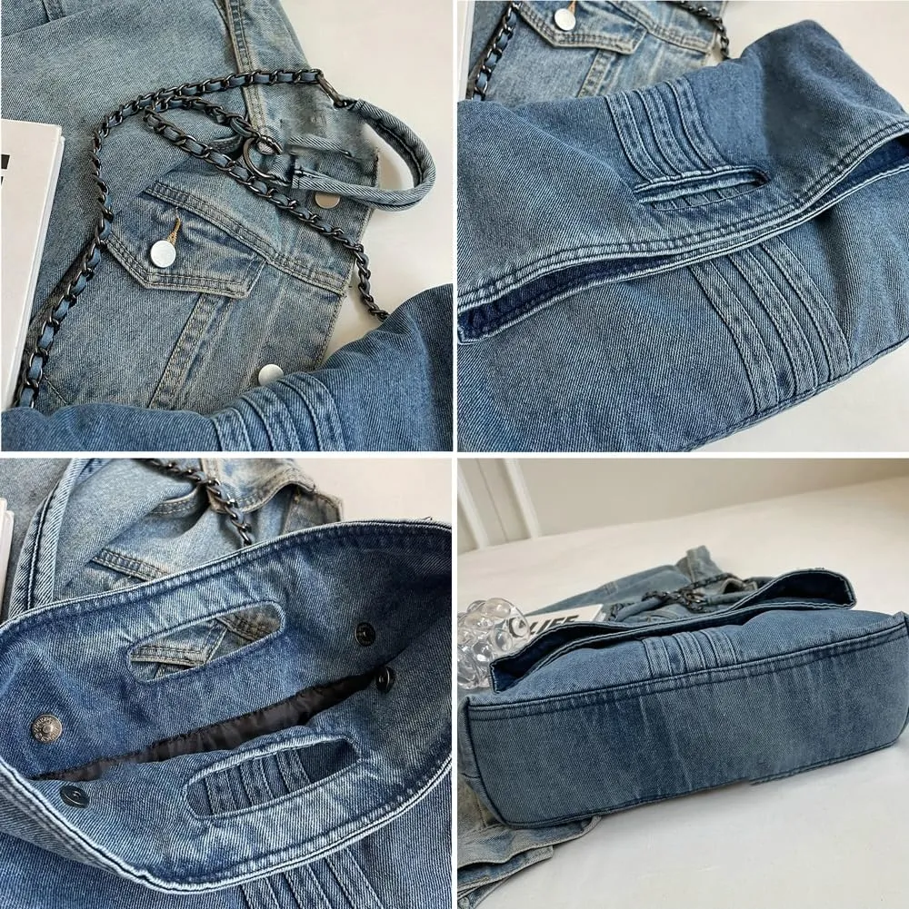 Denim Shoulder Purses for Women Jean Crossbody Bags Denim Tote Handbag with Chain Strap Y2k Denim Crescent Hobo Bags 2025
