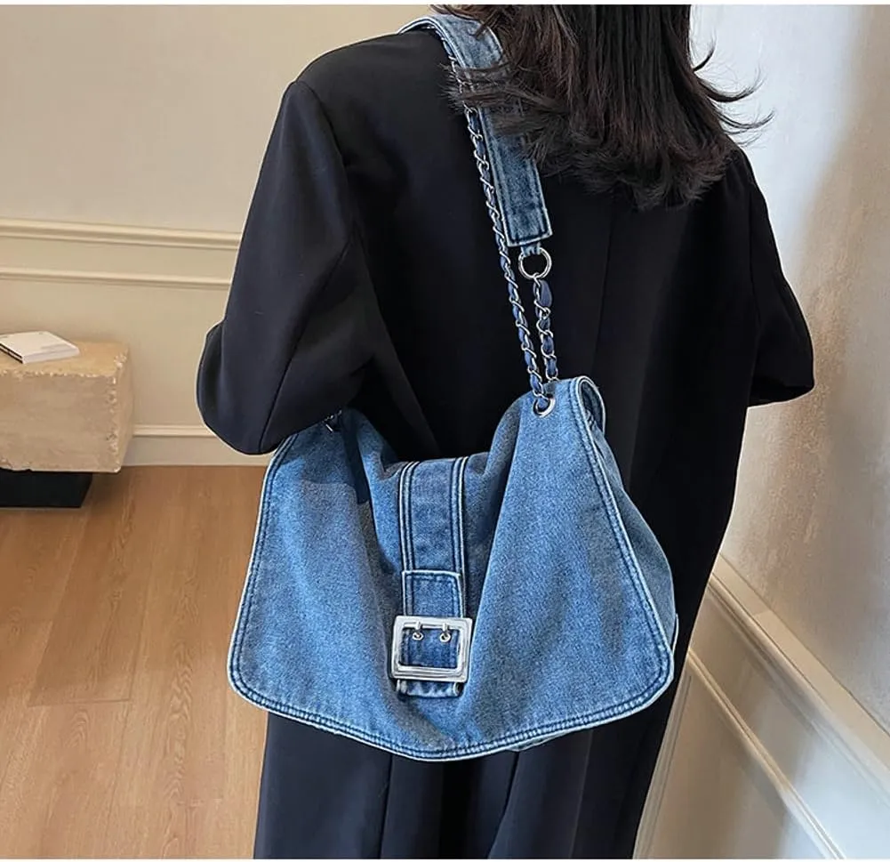 Denim Shoulder Purses for Women Jean Crossbody Bags Denim Tote Handbag with Chain Strap Y2k Denim Crescent Hobo Bags 2025