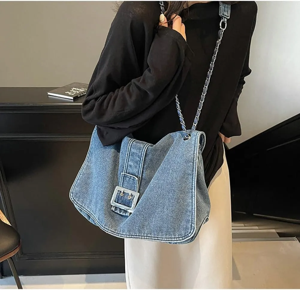 Denim Shoulder Purses for Women Jean Crossbody Bags Denim Tote Handbag with Chain Strap Y2k Denim Crescent Hobo Bags 2025
