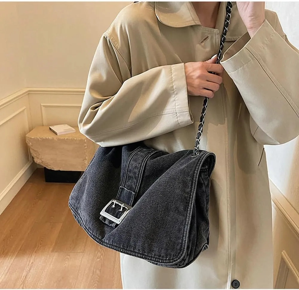 Denim Shoulder Purses for Women Jean Crossbody Bags Denim Tote Handbag with Chain Strap Y2k Denim Crescent Hobo Bags 2025
