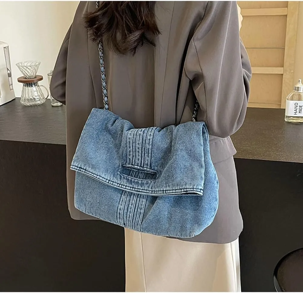 Denim Shoulder Purses for Women Jean Crossbody Bags Denim Tote Handbag with Chain Strap Y2k Denim Crescent Hobo Bags 2025