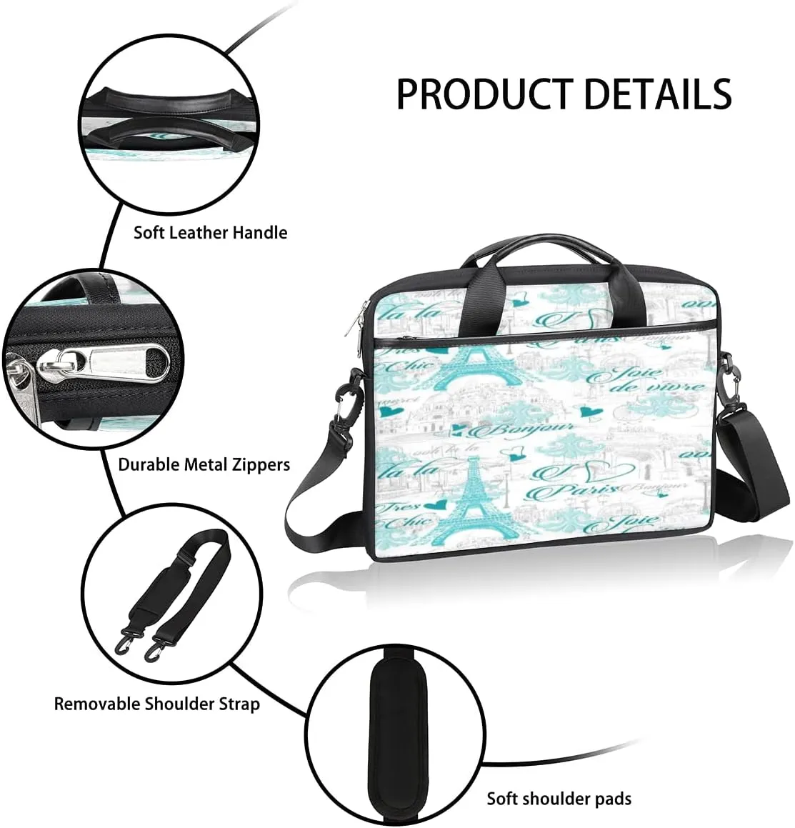 Eiffel Tower Blue Letters Castle Laptop Shoulder Messenger Bag Waterproof Laptop Briefcase