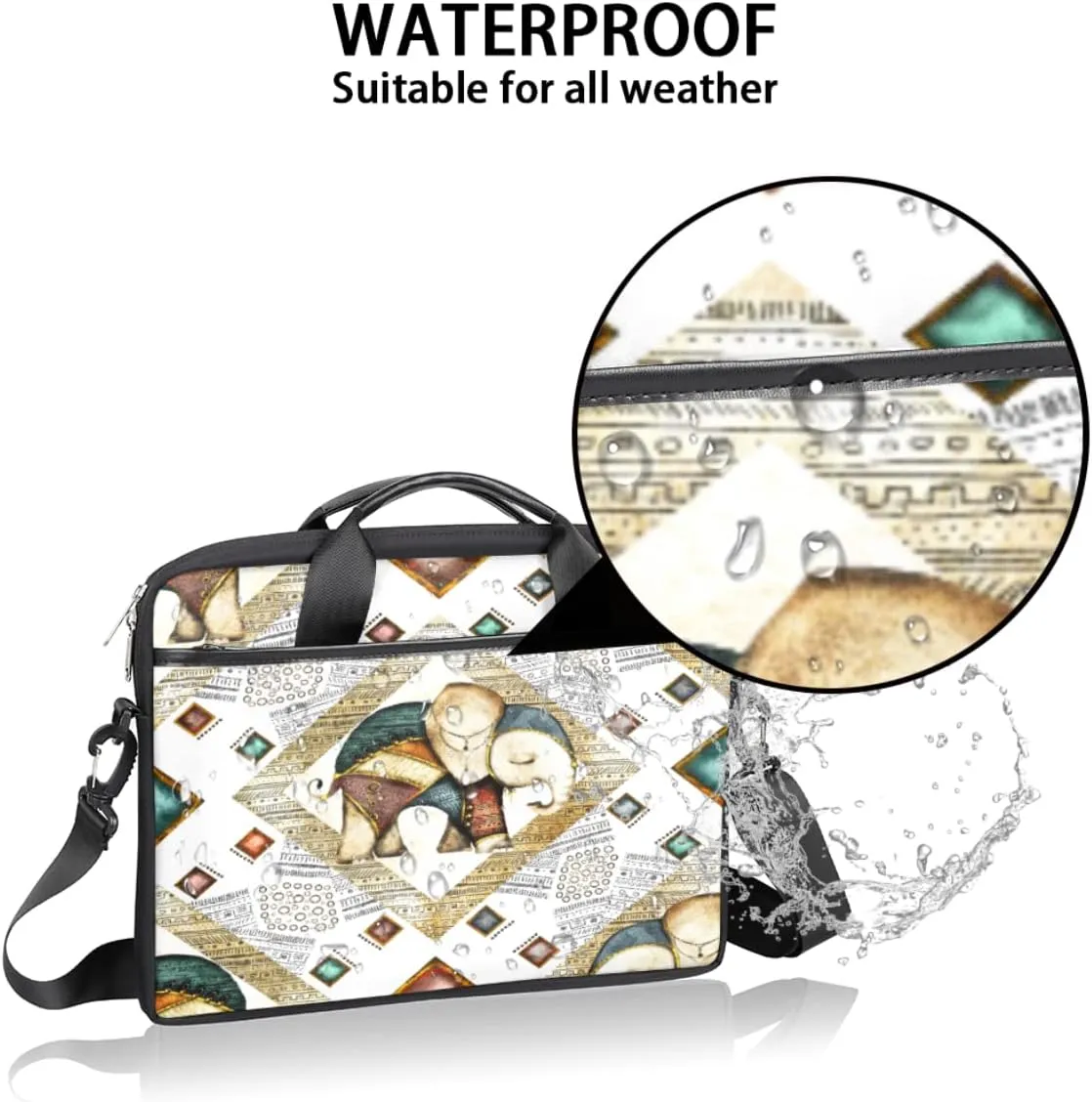 Ethnic Style Elephant Laptop Shoulder Messenger Bag Waterproof Laptop Briefcase with Handle and Padded Strap Case Sleeve