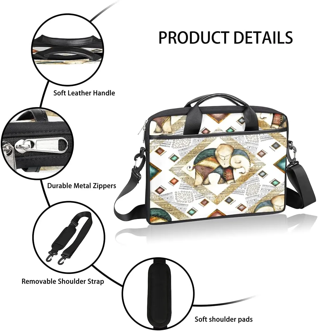 Ethnic Style Elephant Laptop Shoulder Messenger Bag Waterproof Laptop Briefcase with Handle and Padded Strap Case Sleeve