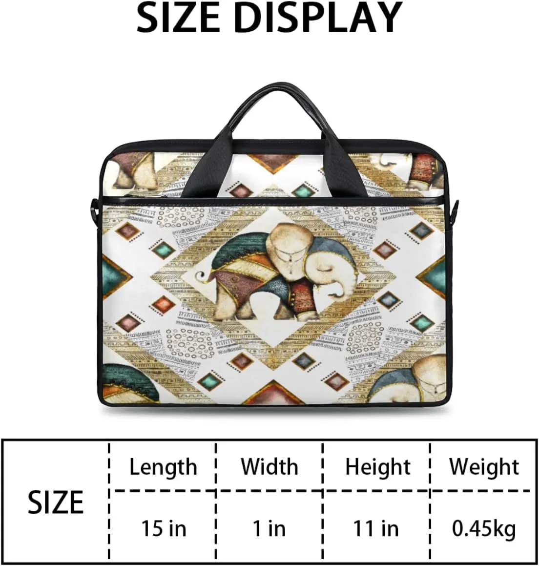 Ethnic Style Elephant Laptop Shoulder Messenger Bag Waterproof Laptop Briefcase with Handle and Padded Strap Case Sleeve