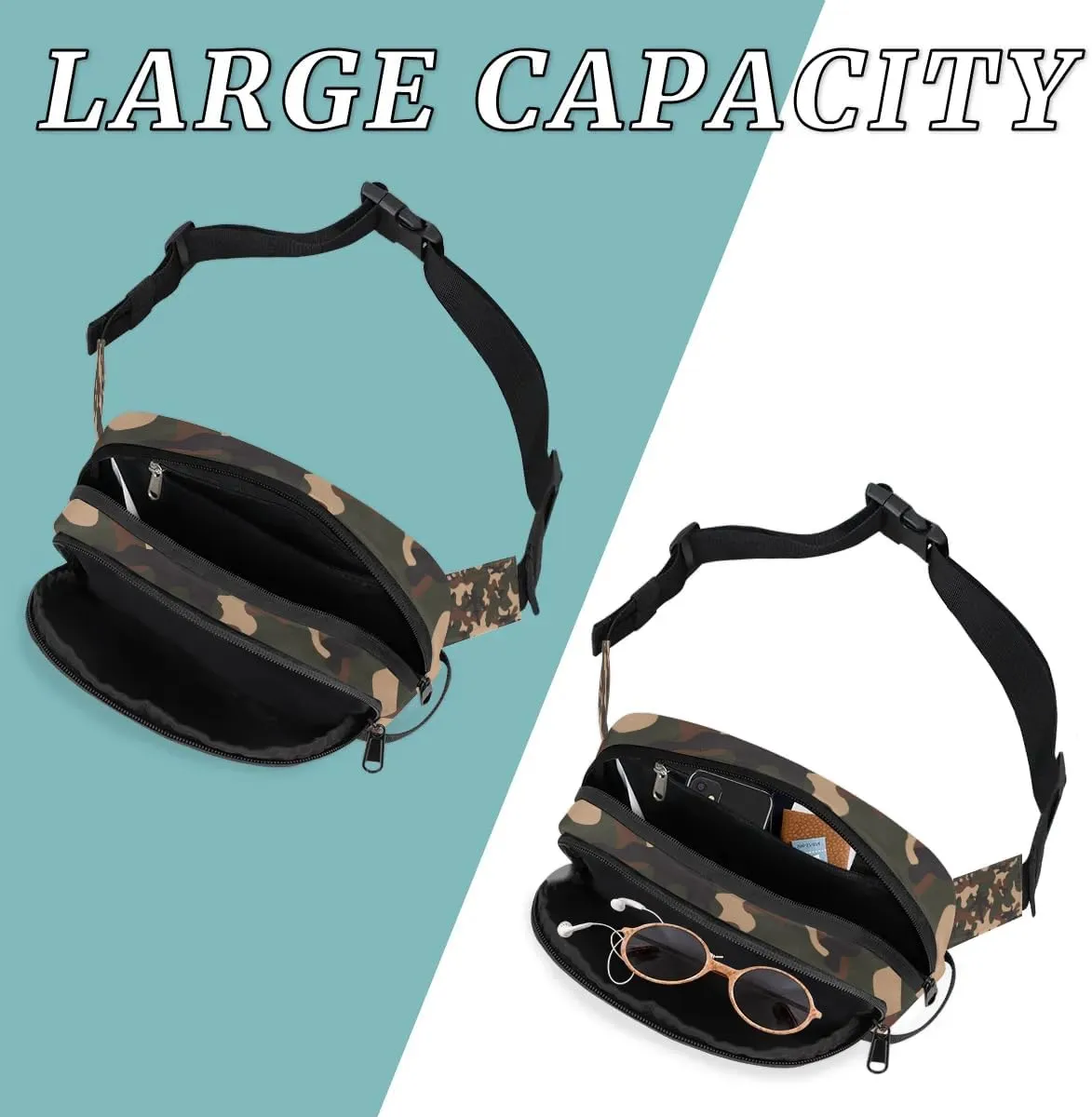 Fanny Pack for Men Women, Waterproof Sports Waist Bag Pack, Camo Belt Bag for Travel Hiking Running, Travel Chest Bag with Adjustable Strap, Camouflage