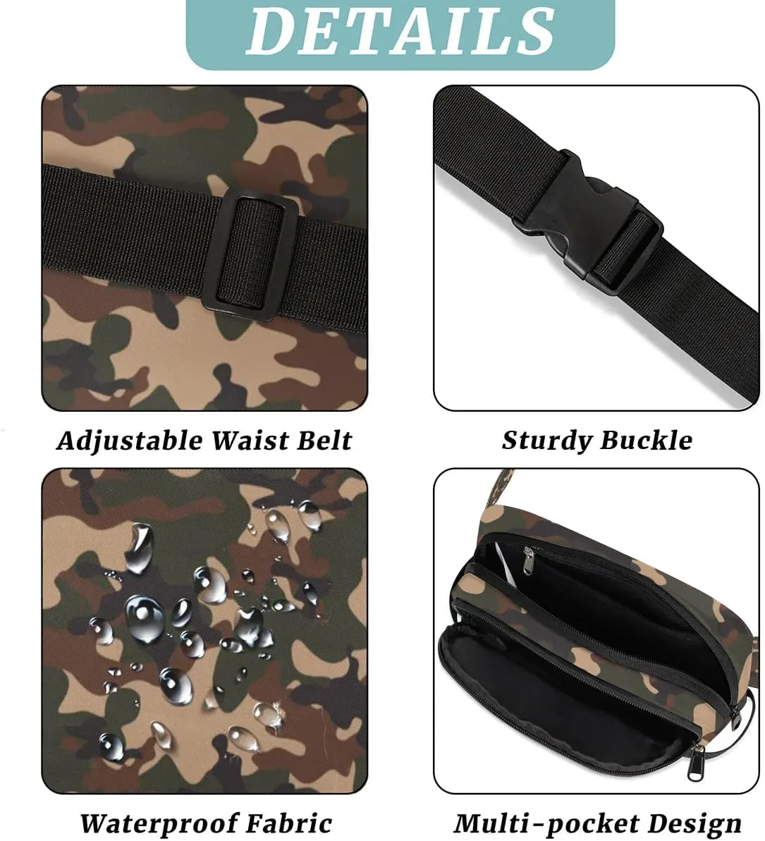 Fanny Pack for Men Women, Waterproof Sports Waist Bag Pack, Camo Belt Bag for Travel Hiking Running, Travel Chest Bag with Adjustable Strap, Camouflage
