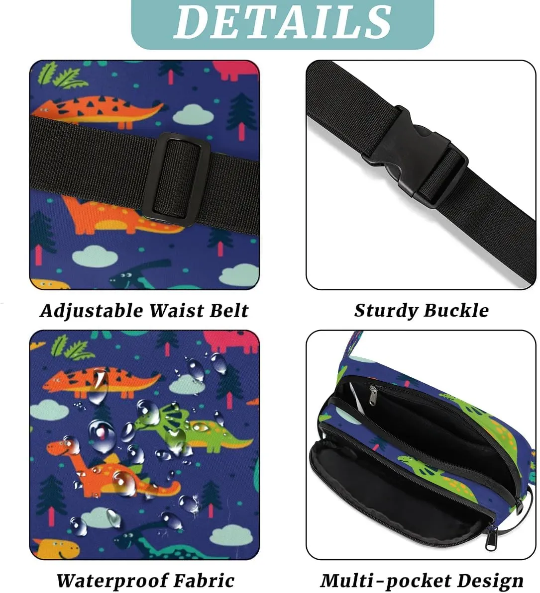 Fanny Pack for Men Women, Waterproof Sports Waist Bag Pack, Cartoon Dinosaur Belt Bag for Travel Hiking Running, Travel Chest Bag with Adjustable Strap, Funny Cool Dinosaur
