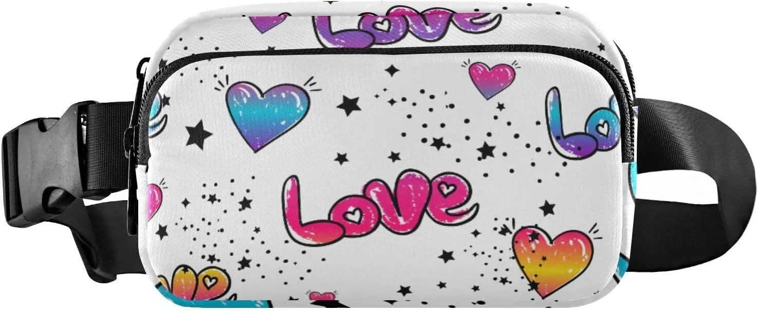Fanny Pack for Women Men Colourful Graffiti Hearts Belt Waist Pack Bum Bag Wallets for Running Cycling Hiking Travel Workout with Adjustable Strap