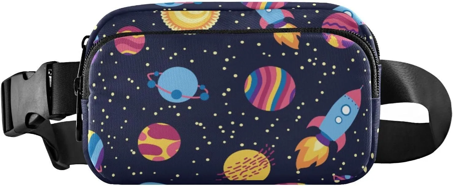Fanny Pack for Women Men Cute Planets Colorful Rockets Stars Belt Waist Pack Bum Bag Wallets for Running Cycling Hiking Travel Workout with Adjustable Strap