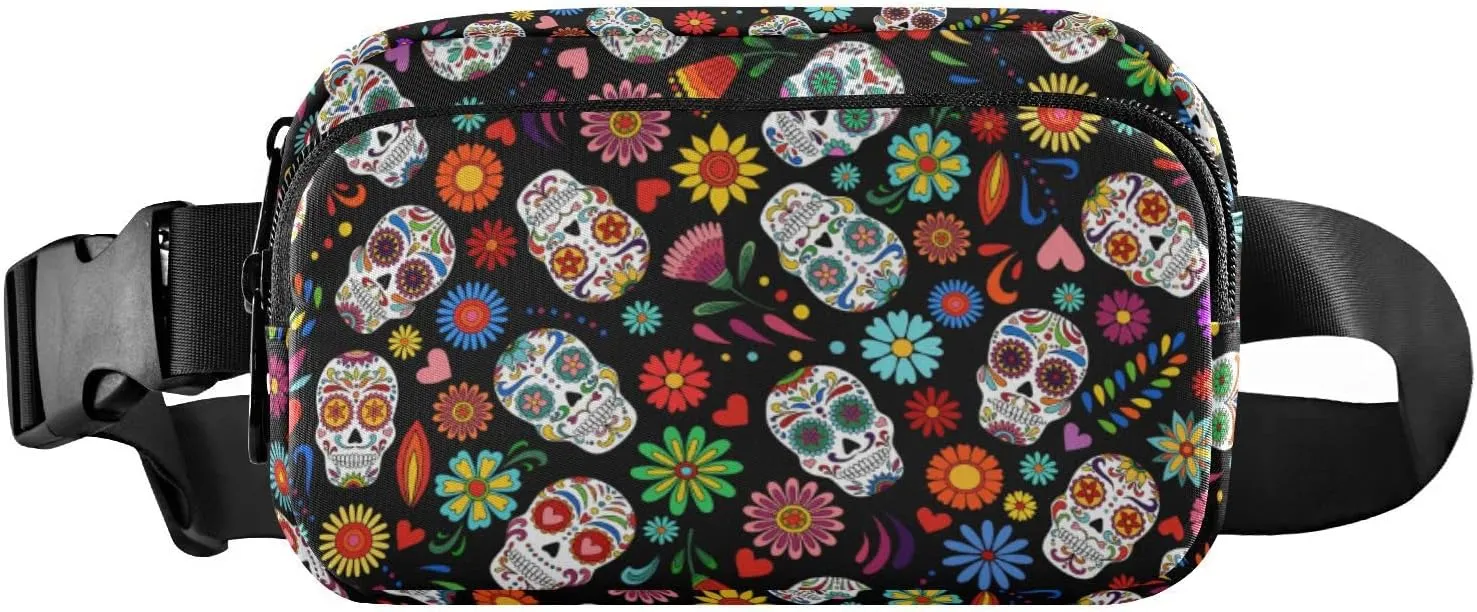Fanny Pack for Women Men Day Of The Dead Sugar Skull Dia De Los Muertos Mexican Halloween Belt Waist Pack Bum Bag Wallets for Running Cycling Hiking Travel Workout with Adjustable Strap