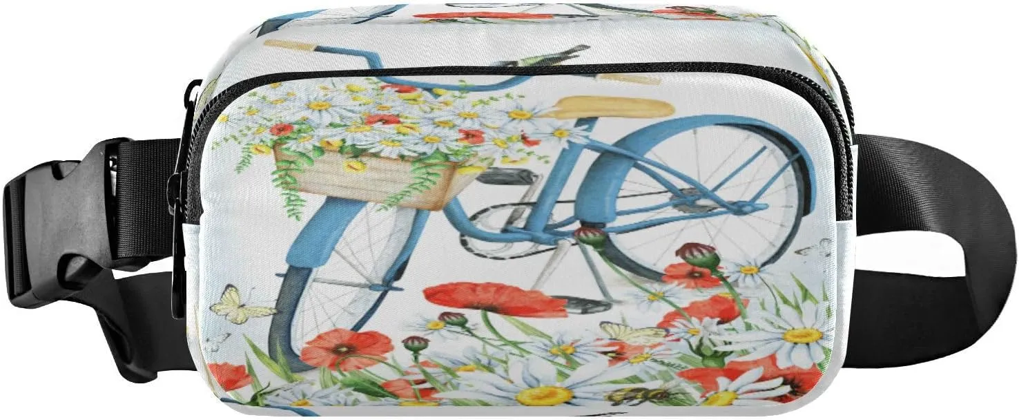 Fanny Packs for Women Men Bicycle Daisy Poppy Butterfly Belt Bag Waist Pouch Packs Garden Flowers Crossbody Bag Running Hiking Fanny Pack Gifts for Girls Boys