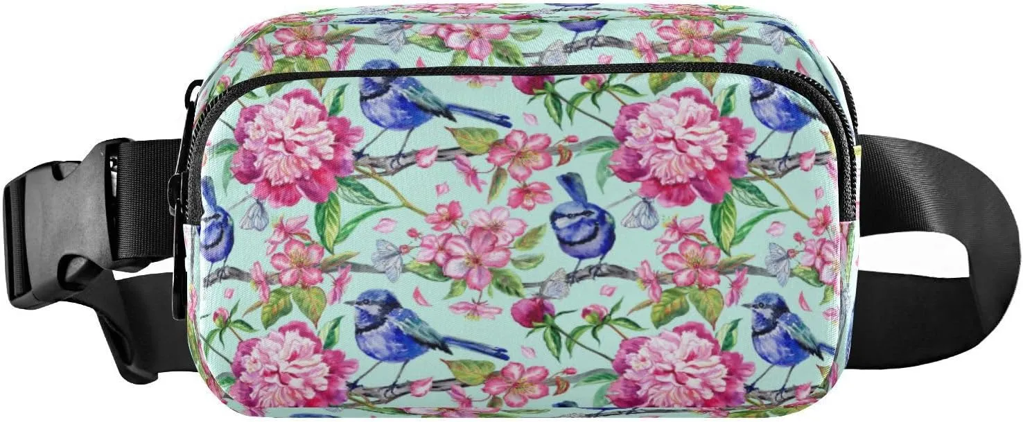 Fanny Packs for Women Men Blue Birds Red Peonies Belt Bag Waist Pouch Packs Spring Apple Blossoms Crossbody Bag Running Hiking Fanny Pack Gifts for Girls Boys