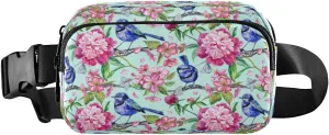 Fanny Packs for Women Men Blue Birds Red Peonies Belt Bag Waist Pouch Packs Spring Apple Blossoms Crossbody Bag Running Hiking Fanny Pack Gifts for Girls Boys