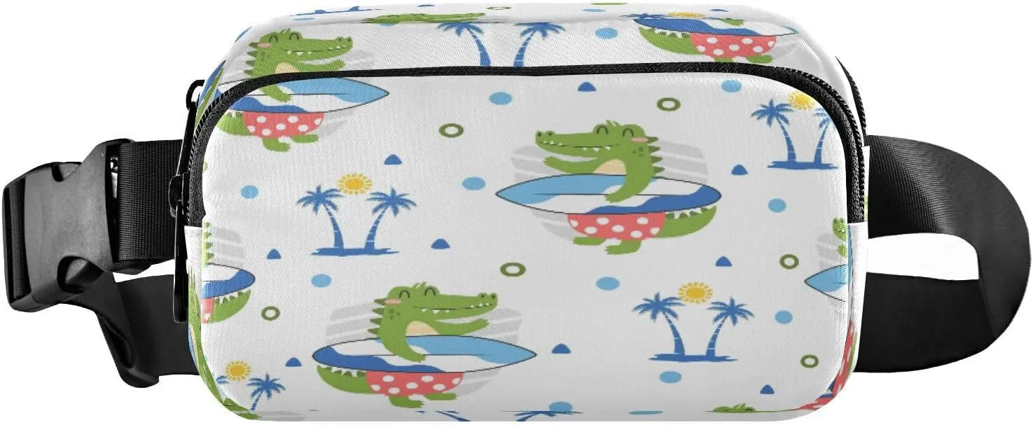 Fanny Packs for Women Men Cartoon Surfing Crocodile Belt Bag Waist Pouch Packs Crossbody Bag Running Hiking Fanny Pack Gifts for Girls Boys