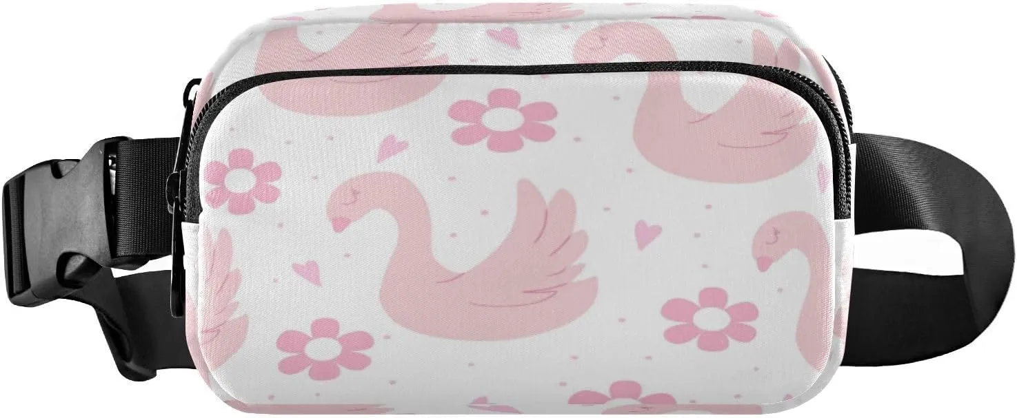 Fanny Packs for Women Men Pink Floral Swans Belt Bag Waist Pouch Packs Crossbody Bag Running Hiking Fanny Pack Gifts for Girls Boys