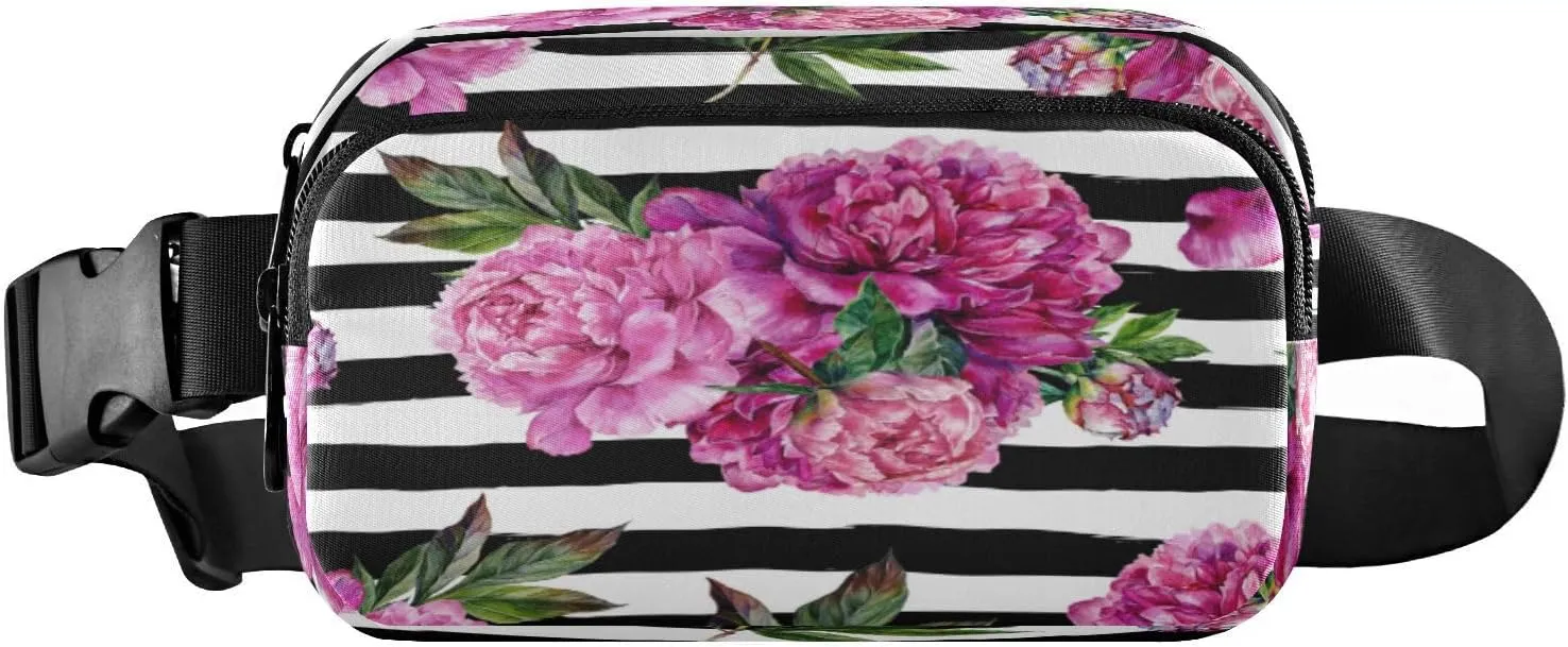 Fanny Packs for Women Men Pink Peonies Bouquet Belt Bag Waist Pouch Packs Spring Floral Bumbag Crossbody Bag Running Hiking Fanny Pack Gifts for Girls Boys
