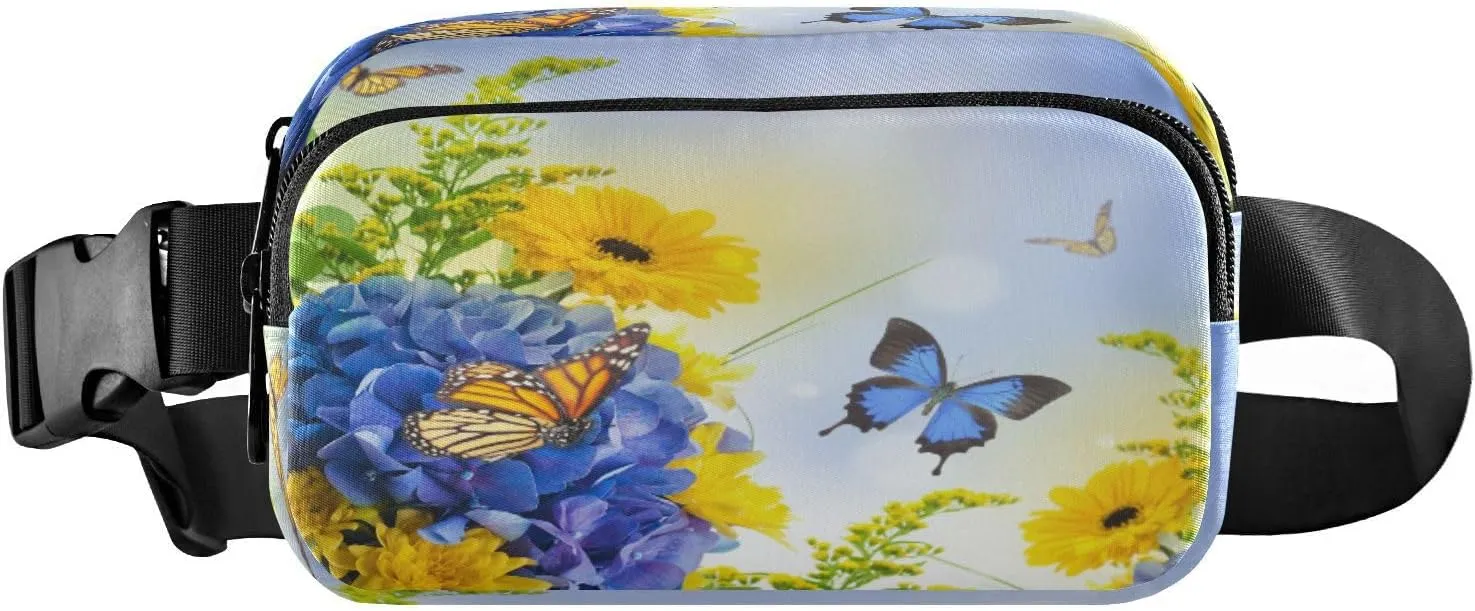Fanny Packs for Women Men Spring Blue Hydrangeas Butterfly Belt Bag Waist Pouch Packs Flower Floral Bouquet Crossbody Bag Running Hiking Fanny Pack Gifts for Girls Boys