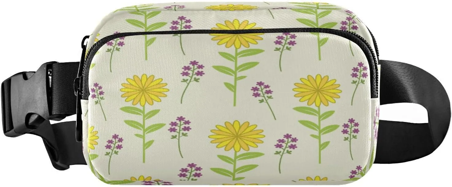 Fanny Packs for Women Men Spring Floral Daisy Belt Bag Waist Pouch Packs Yellow Purple Flowers Crossbody Bag Running Hiking Fanny Pack Gifts for Girls Boys