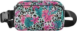 Fanny Packs for Women Men Tropical Floral Leopard Belt Bag Waist Pouch Packs Palm Leaves Flowers Crossbody Bag Running Hiking Fanny Pack Gifts for Girls Boys