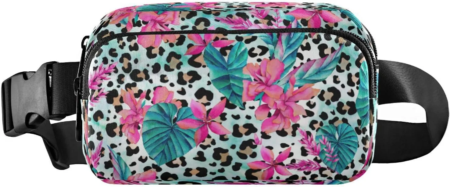 Fanny Packs for Women Men Tropical Floral Leopard Belt Bag Waist Pouch Packs Palm Leaves Flowers Crossbody Bag Running Hiking Fanny Pack Gifts for Girls Boys