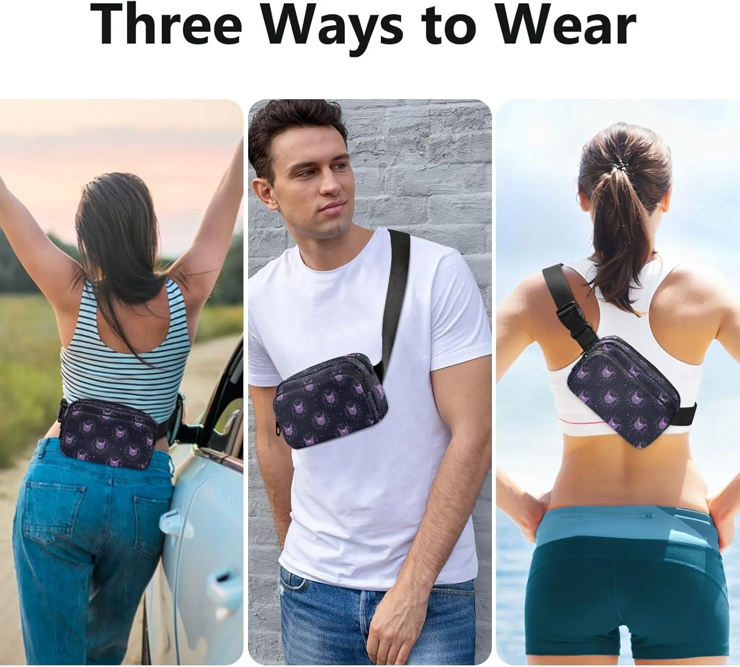 Fashion Waist Pack Crossbody Bags for Women Men with Adjustable Strap, Cat Face with Moon on Night Sky Mini Chest Bag Belt Bag for Run Travel Outdoor Cycling Hiking