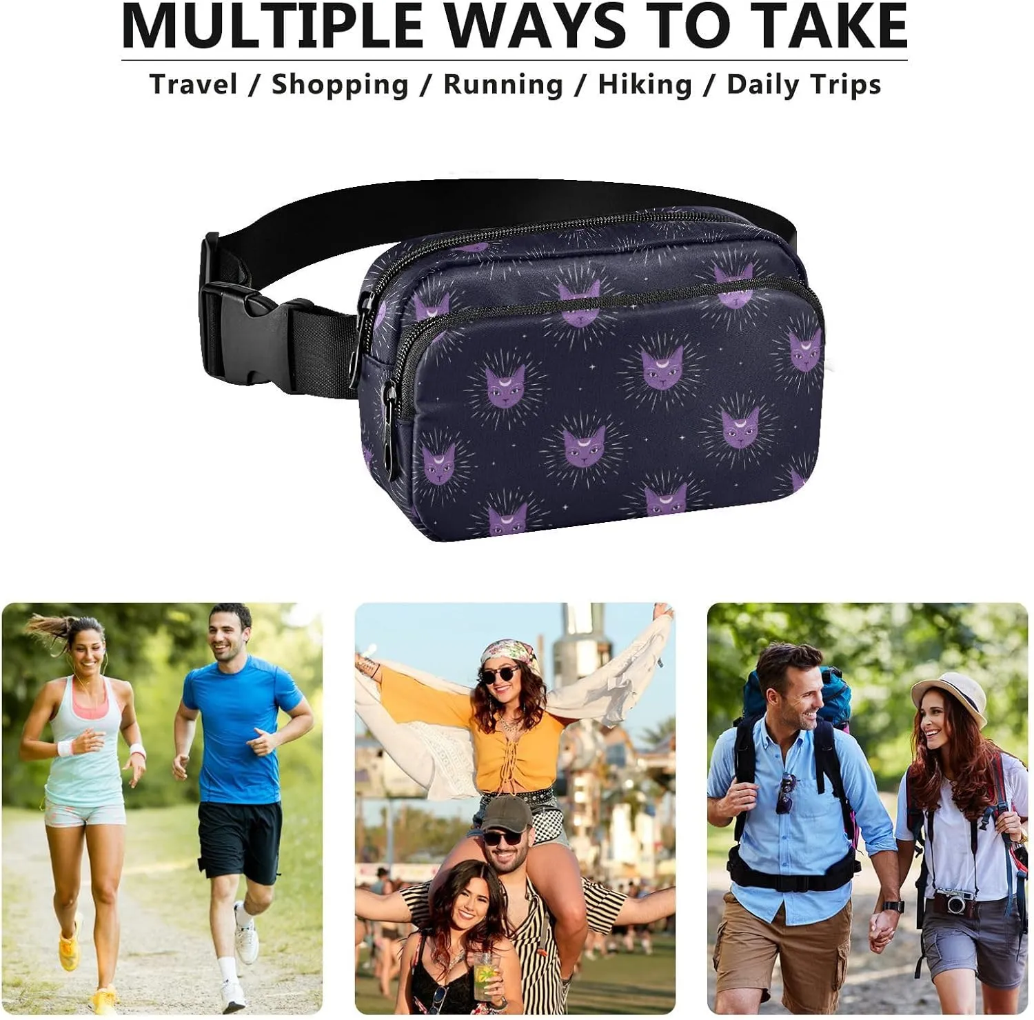 Fashion Waist Pack Crossbody Bags for Women Men with Adjustable Strap, Cat Face with Moon on Night Sky Mini Chest Bag Belt Bag for Run Travel Outdoor Cycling Hiking