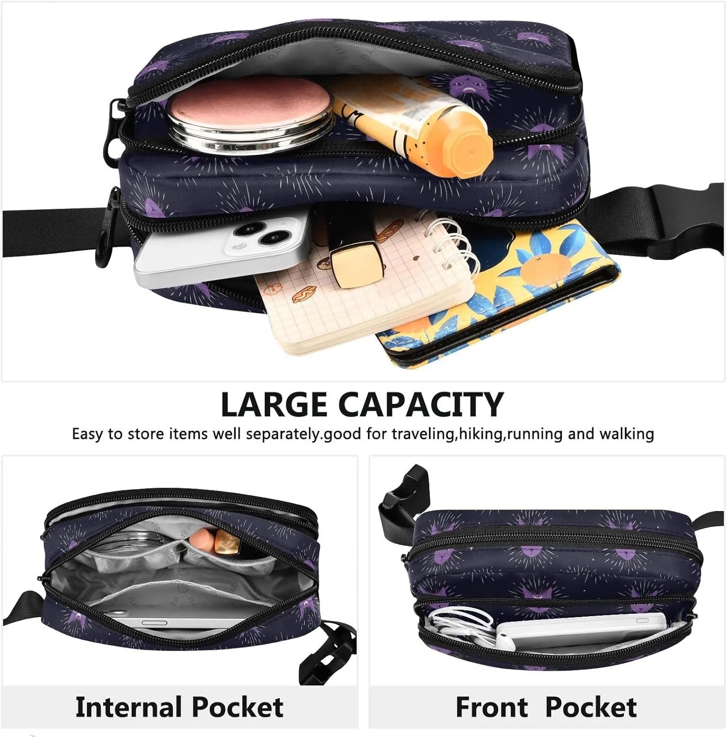Fashion Waist Pack Crossbody Bags for Women Men with Adjustable Strap, Cat Face with Moon on Night Sky Mini Chest Bag Belt Bag for Run Travel Outdoor Cycling Hiking