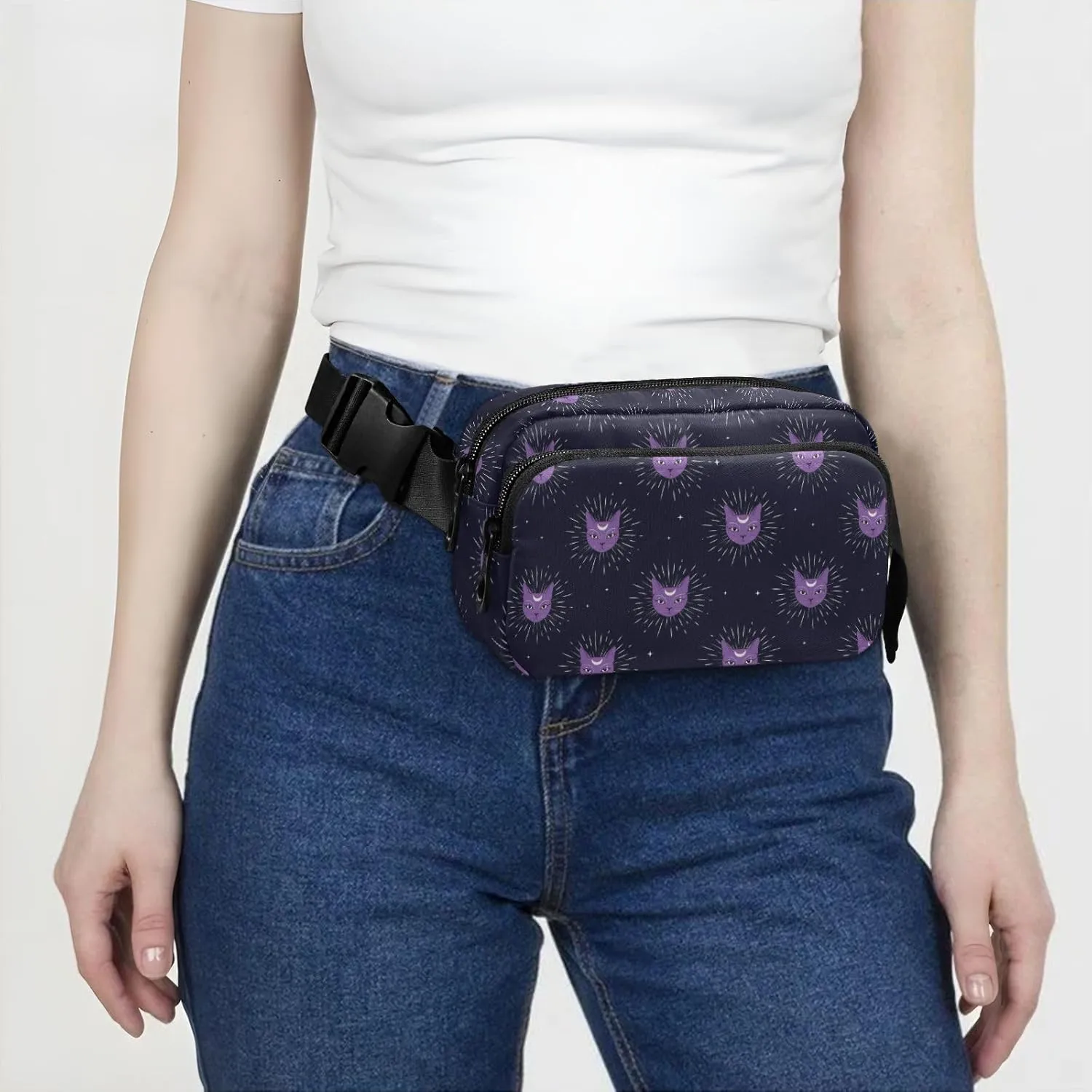 Fashion Waist Pack Crossbody Bags for Women Men with Adjustable Strap, Cat Face with Moon on Night Sky Mini Chest Bag Belt Bag for Run Travel Outdoor Cycling Hiking