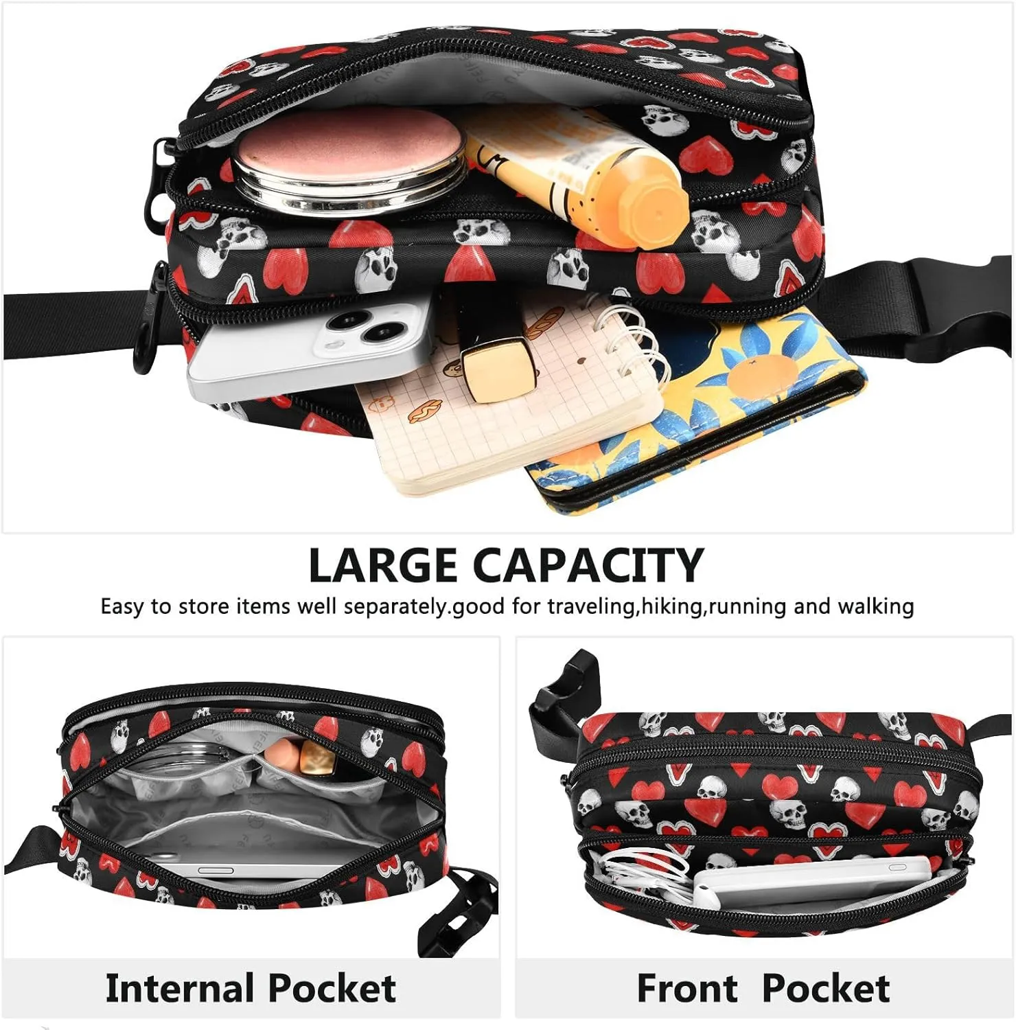 Fashion Waist Pack Crossbody Bags for Women Men with Adjustable Strap, Heart Skull Crossbody Fanny Packs Mini Chest Belt Bag for Run Travel Outdoor Cycling Hiking