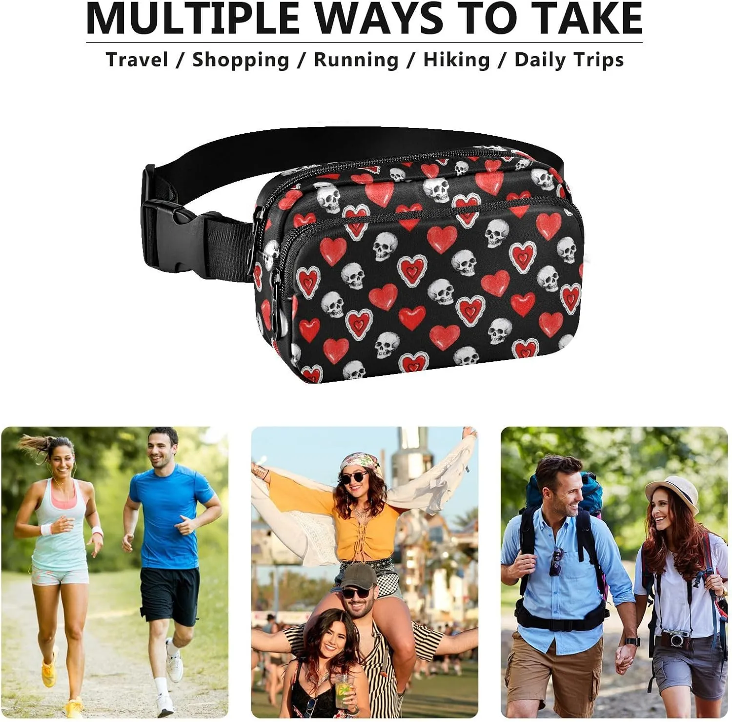 Fashion Waist Pack Crossbody Bags for Women Men with Adjustable Strap, Heart Skull Crossbody Fanny Packs Mini Chest Belt Bag for Run Travel Outdoor Cycling Hiking