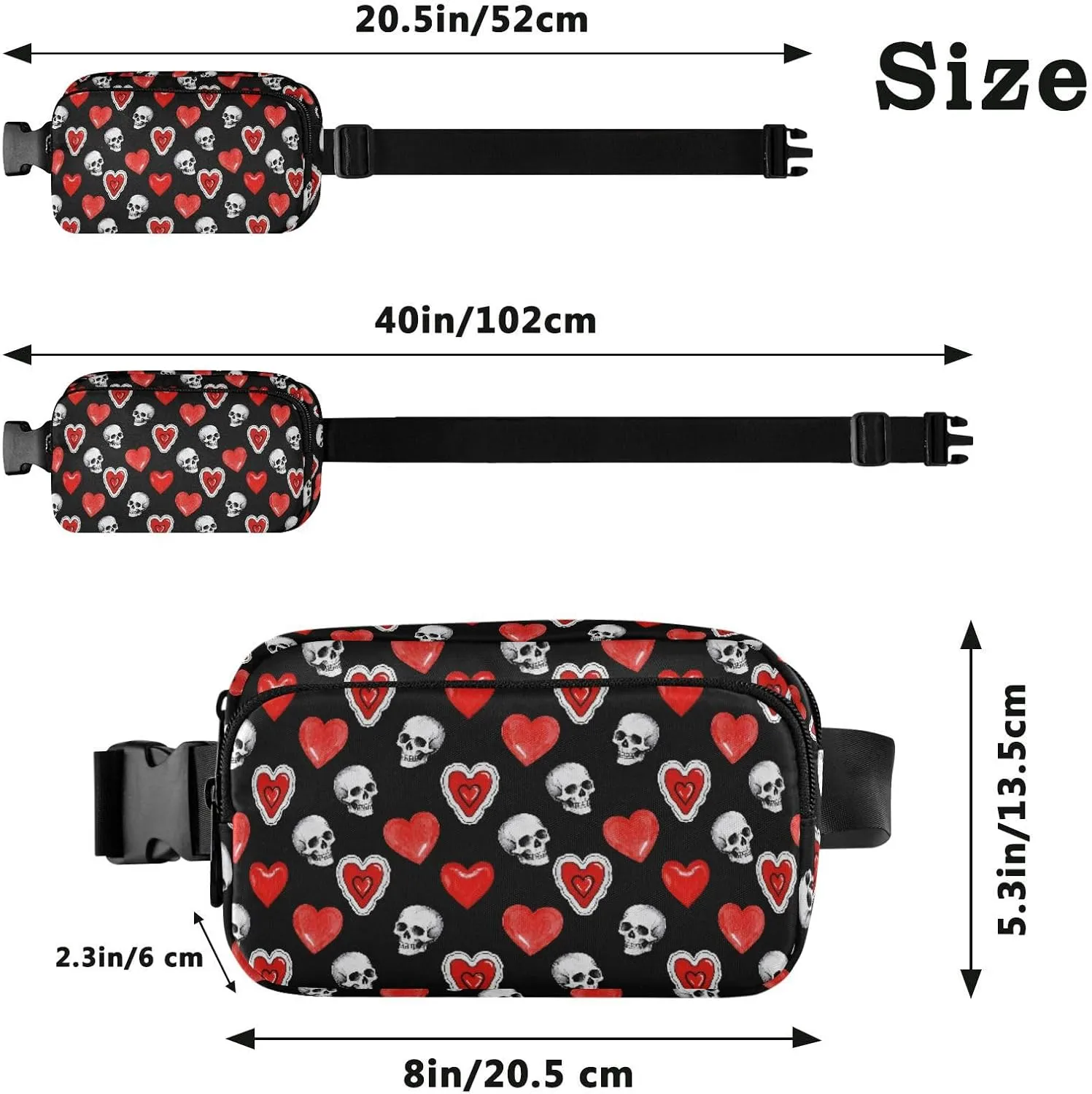 Fashion Waist Pack Crossbody Bags for Women Men with Adjustable Strap, Heart Skull Crossbody Fanny Packs Mini Chest Belt Bag for Run Travel Outdoor Cycling Hiking