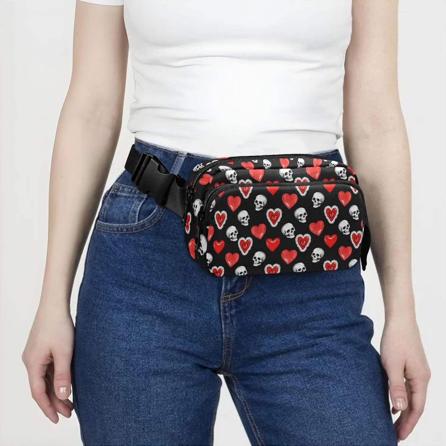Fashion Waist Pack Crossbody Bags for Women Men with Adjustable Strap, Heart Skull Crossbody Fanny Packs Mini Chest Belt Bag for Run Travel Outdoor Cycling Hiking