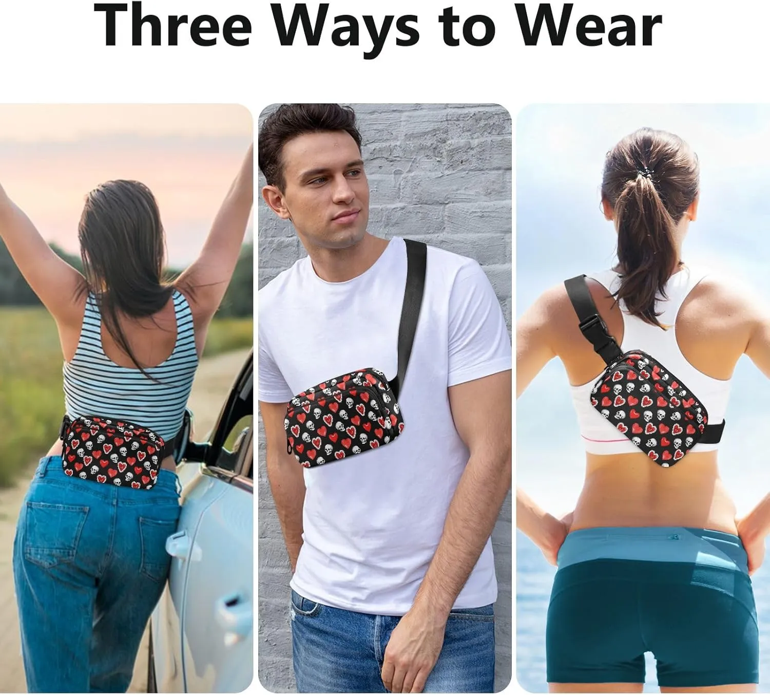 Fashion Waist Pack Crossbody Bags for Women Men with Adjustable Strap, Heart Skull Crossbody Fanny Packs Mini Chest Belt Bag for Run Travel Outdoor Cycling Hiking