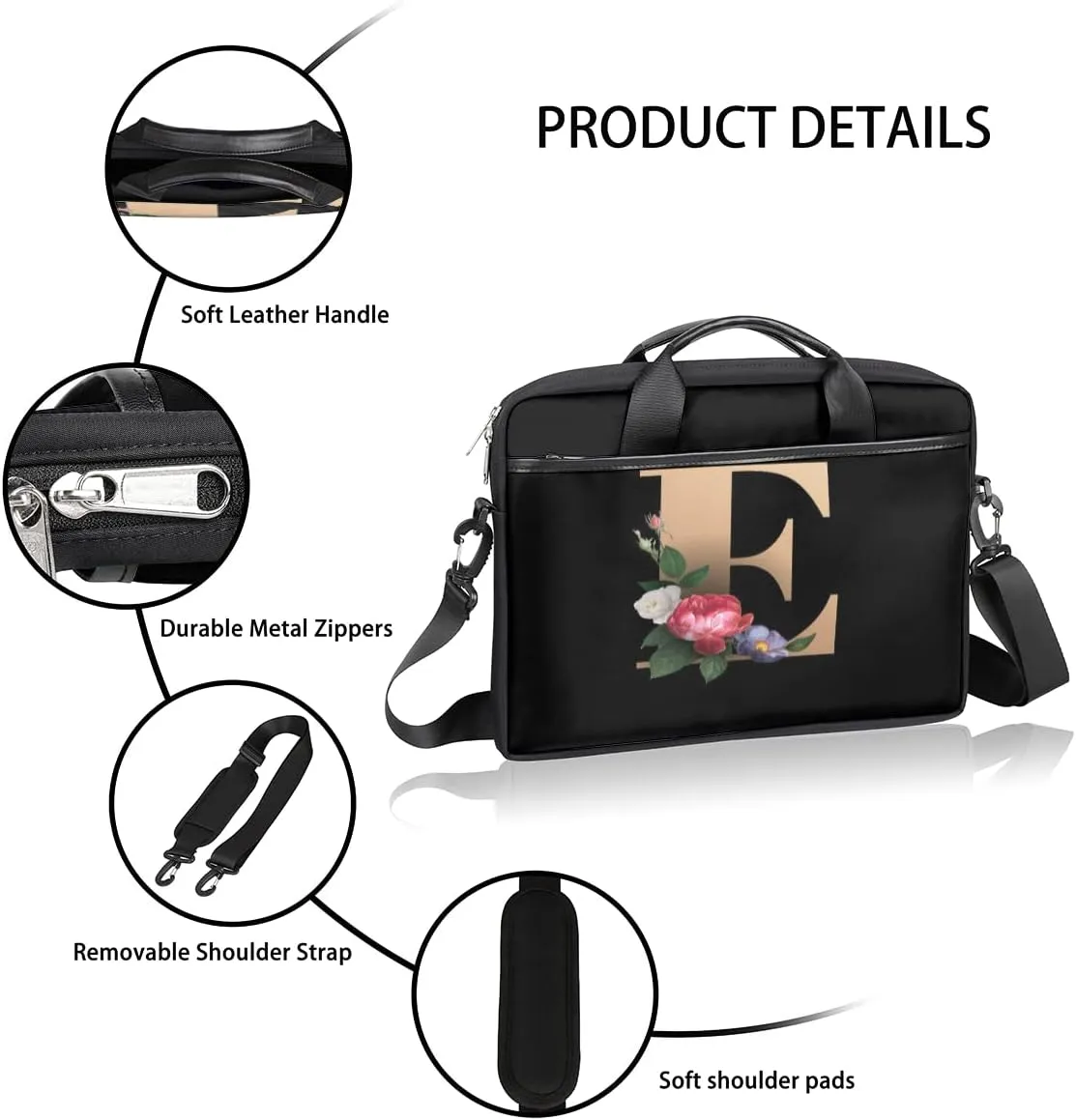 Floral D Letter Laptop Shoulder Messenger Bag Waterproof Laptop Briefcase with Handle and Padded Strap Case Sleeve