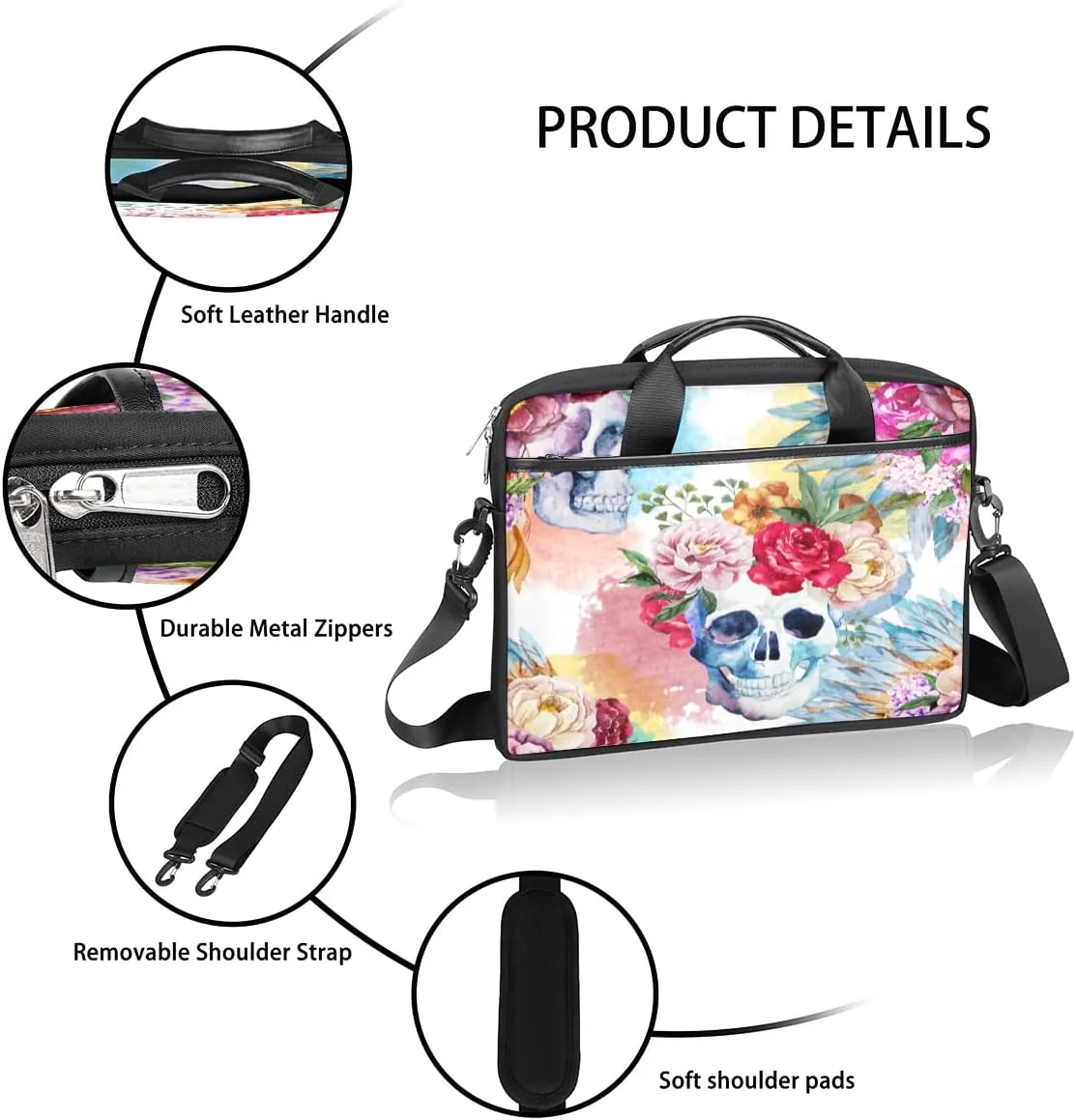 Floral Flower Skull Laptop Shoulder Messenger Bag Waterproof Laptop Briefcase Handle Padded Strap