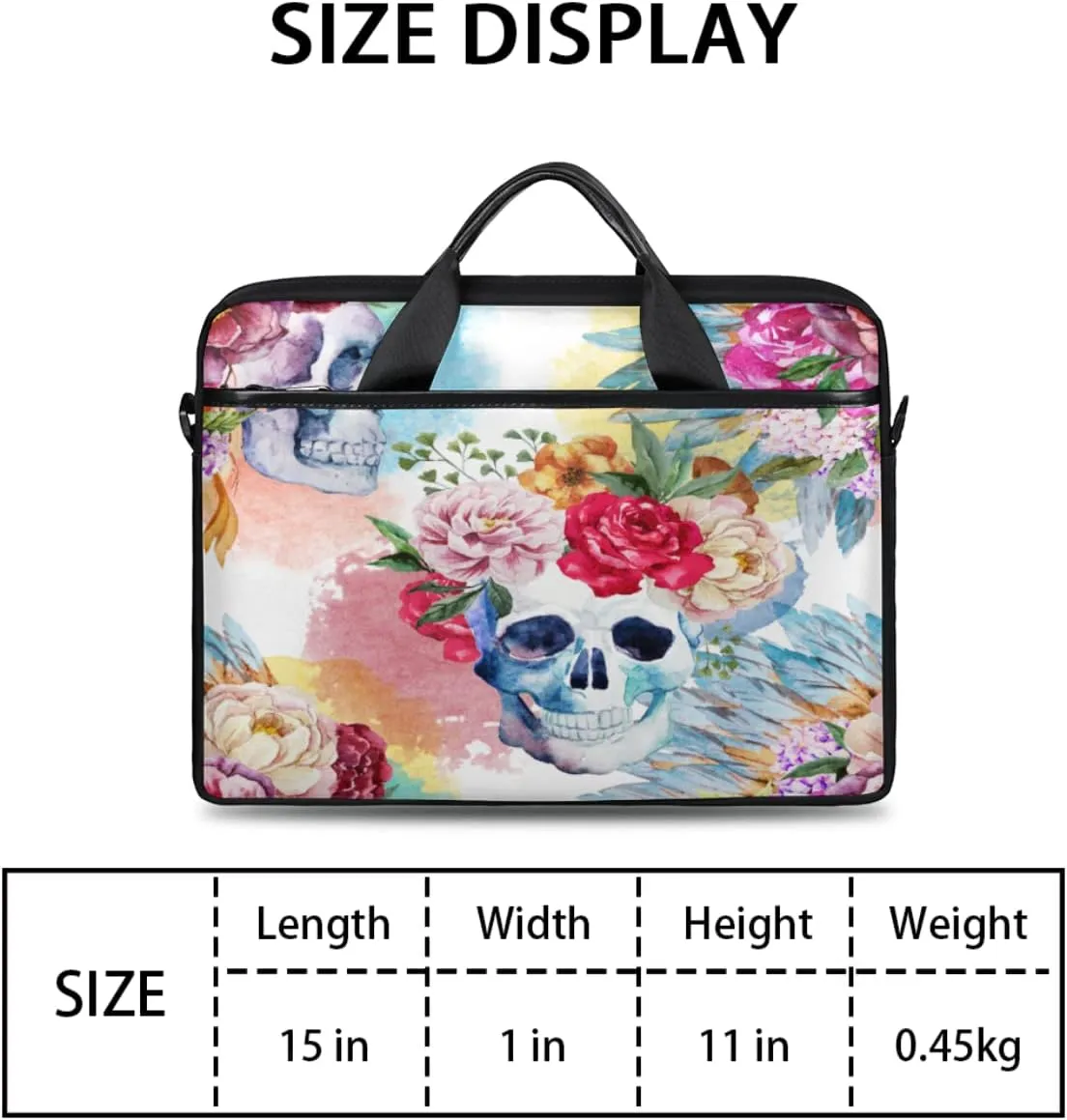 Floral Flower Skull Laptop Shoulder Messenger Bag Waterproof Laptop Briefcase Handle Padded Strap