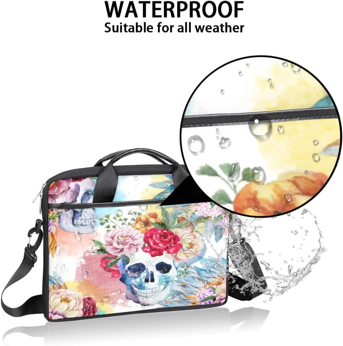 Floral Flower Skull Laptop Shoulder Messenger Bag Waterproof Laptop Briefcase Handle Padded Strap
