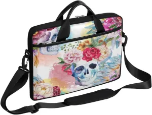 Floral Flower Skull Laptop Shoulder Messenger Bag Waterproof Laptop Briefcase Handle Padded Strap