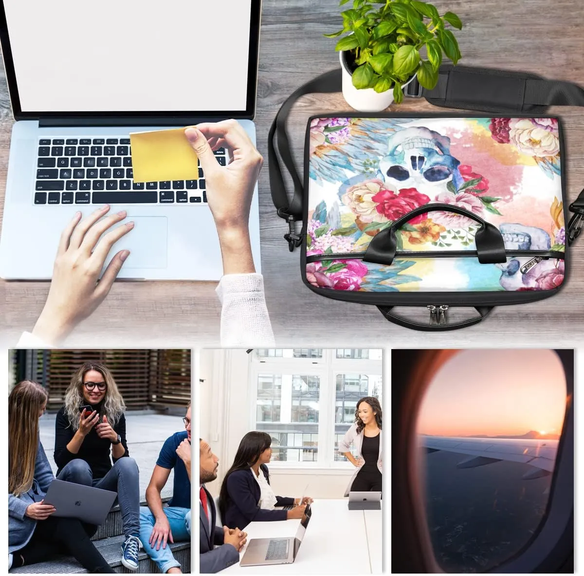 Floral Flower Skull Laptop Shoulder Messenger Bag Waterproof Laptop Briefcase Handle Padded Strap