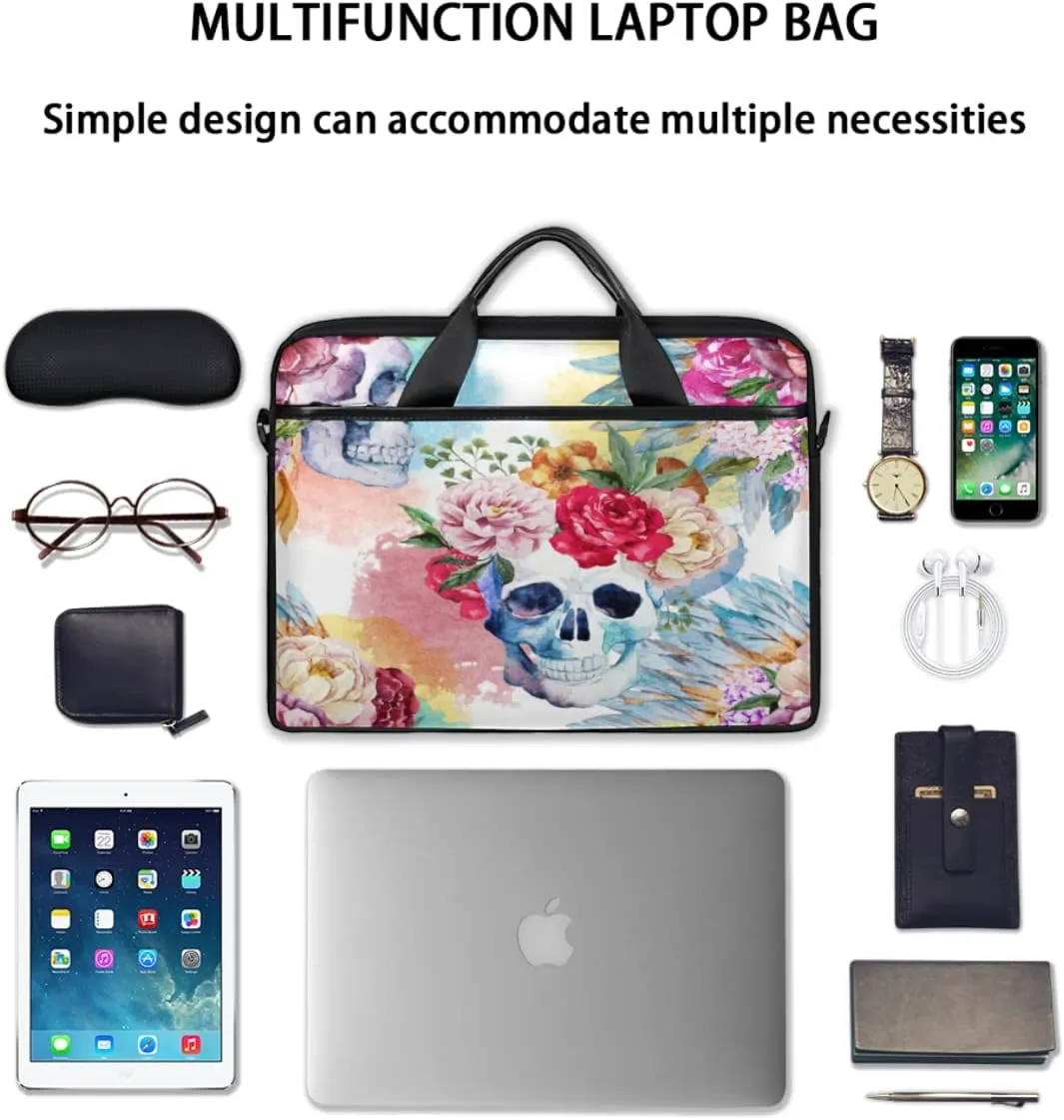 Floral Flower Skull Laptop Shoulder Messenger Bag Waterproof Laptop Briefcase Handle Padded Strap