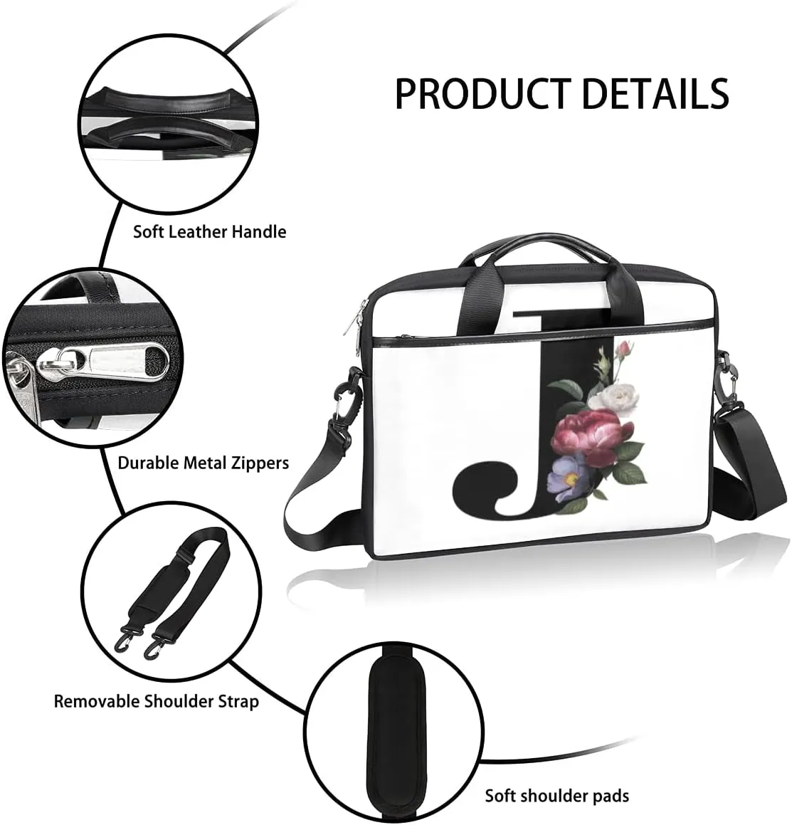 Floral H Letter Laptop Shoulder Messenger Bag Waterproof Laptop Briefcase with Handle and Padded Strap Case Sleeve