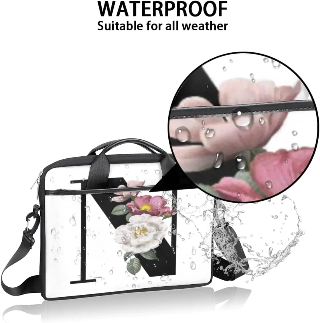 Floral N Letter Laptop Shoulder Messenger Bag Waterproof Laptop Briefcase with Handle and Padded Strap Case Sleeve