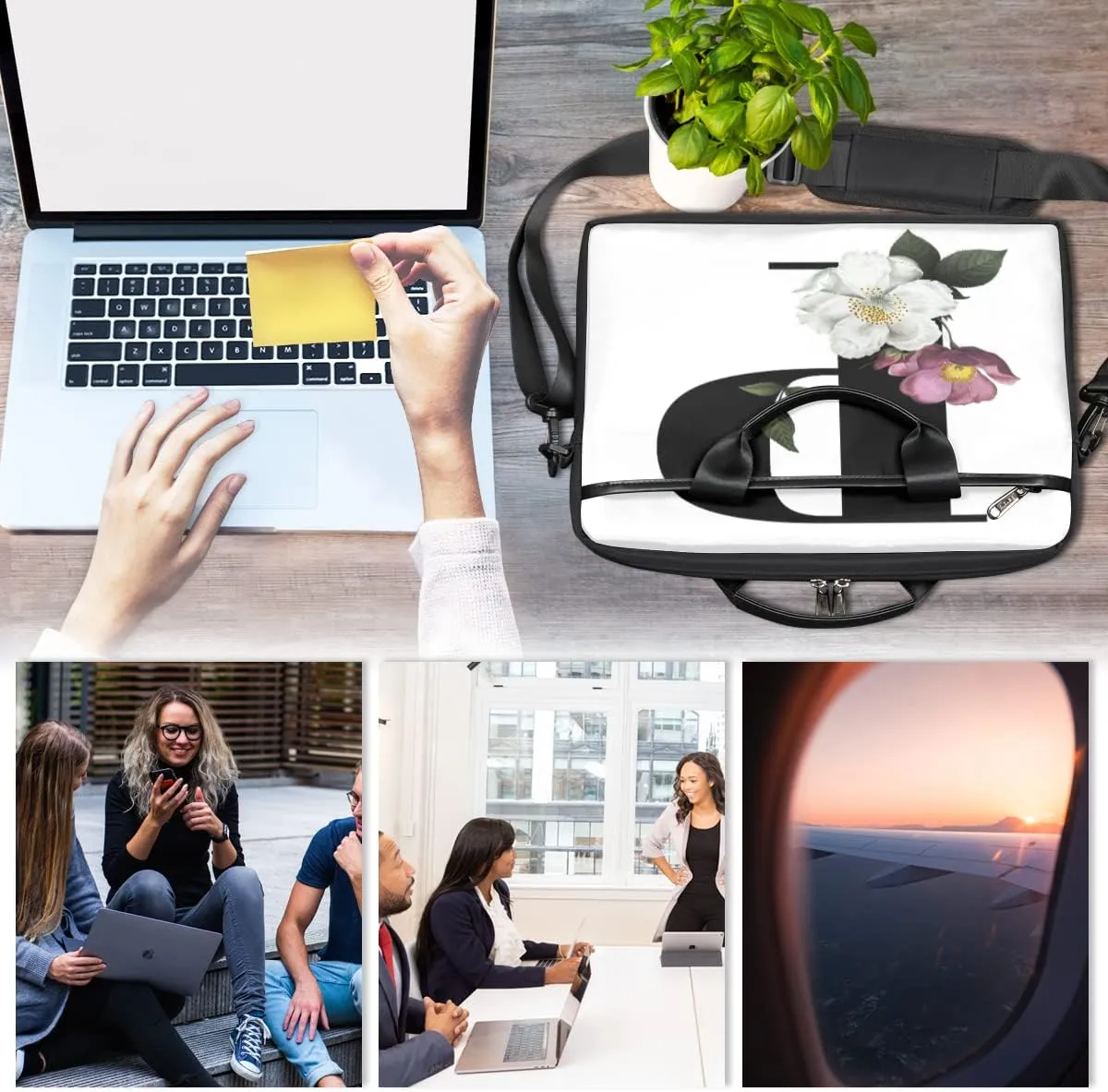 Floral N Letter Laptop Shoulder Messenger Bag Waterproof Laptop Briefcase with Handle and Padded Strap Case Sleeve